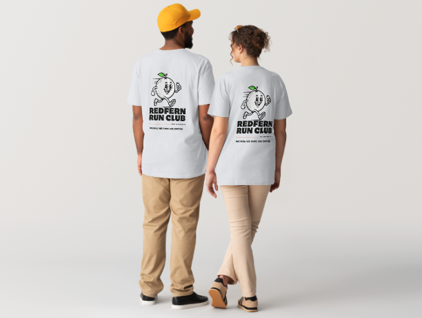 Redfern Run Club Classic Tee back print worn by two people